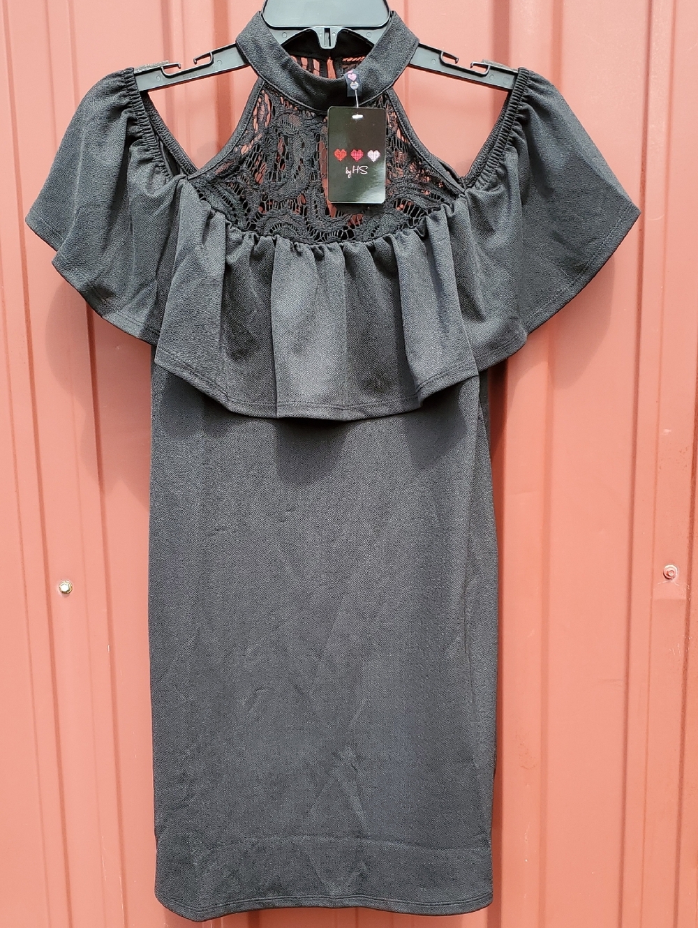 Cold-Shoulder Black Lace Ruffle Midi Dress